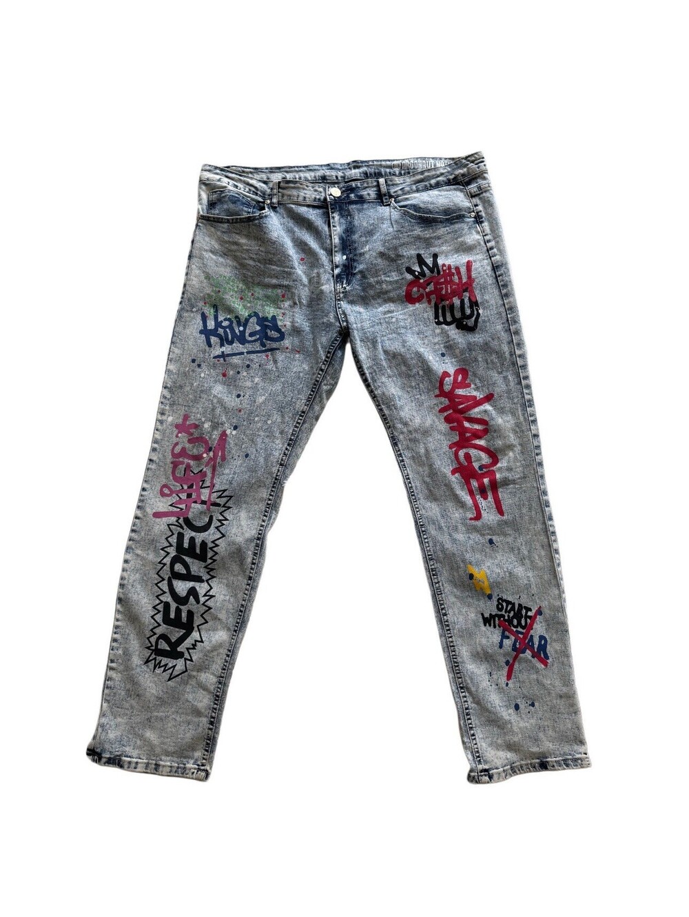 Y2K Argonaut Nation Graffiti Jeans Men’s 42x32 Streetwear Distressed Splatter